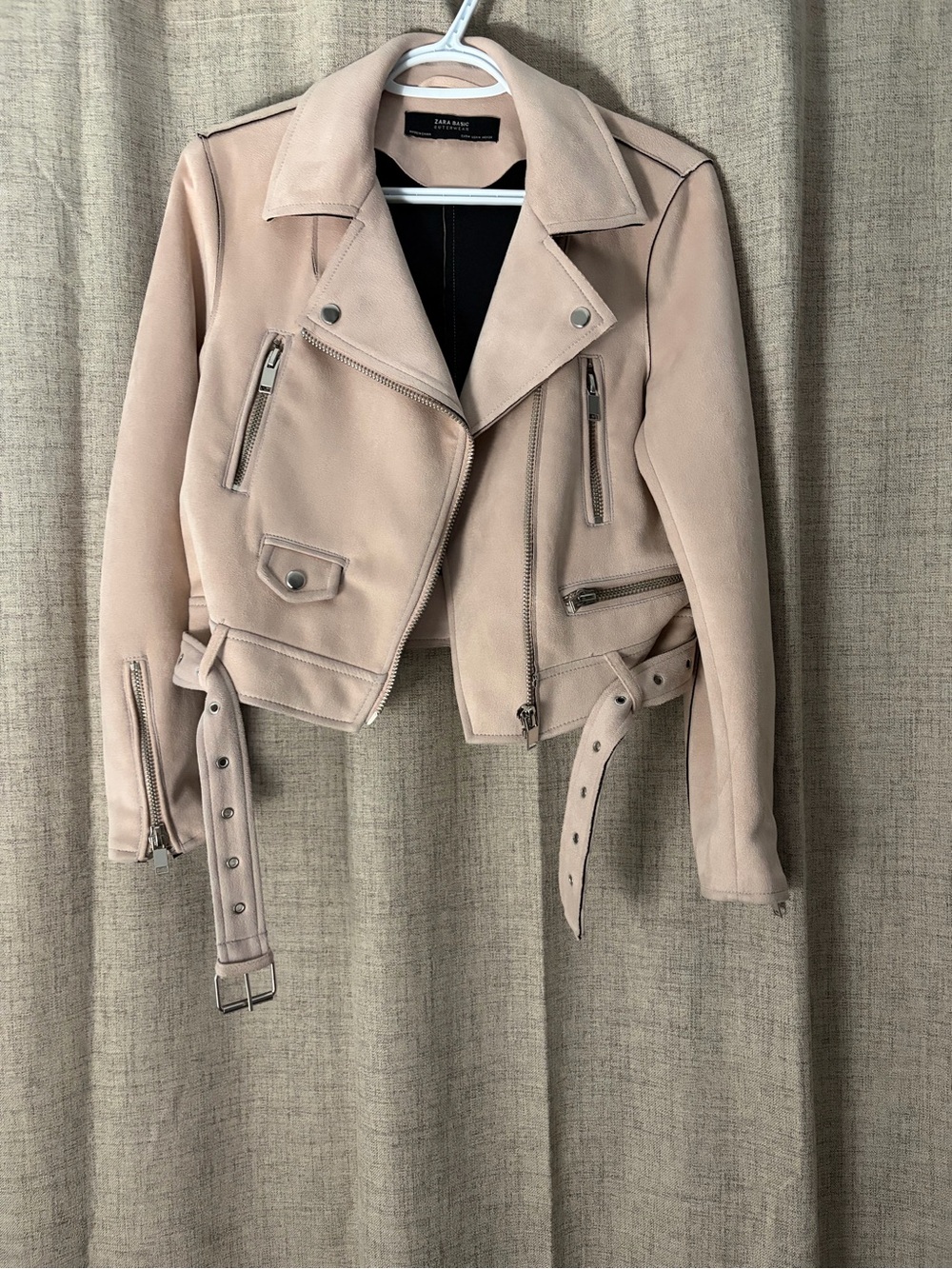 Zara Blush Pink Suede Moto Jacket with Belt